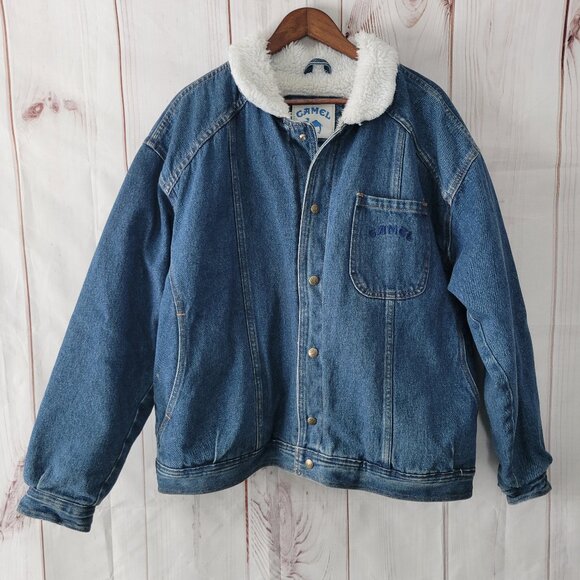 Vintage Camel Cigarettes Denim Jean Jacket Blue Sherpa Lined Western  Trucker XL